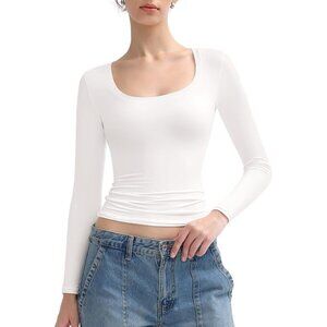 Women Splashed White Long Sleeve T Shirts Scoop Neck Slim Fit Out Top Collection